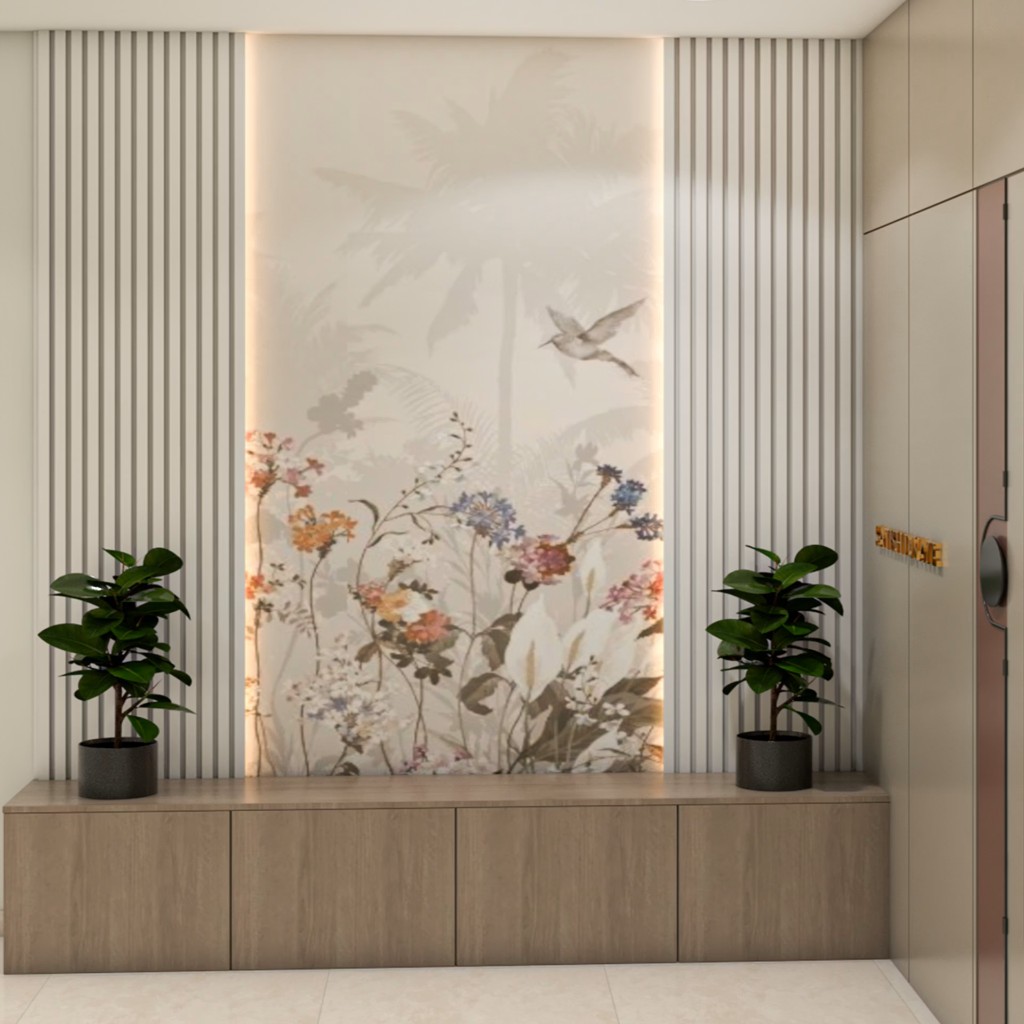 Floral accent wall panel with slat detailing in a living room
