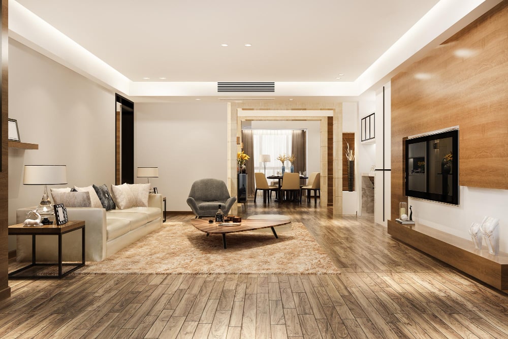 Warm-tone wooden flooring in a modern interior